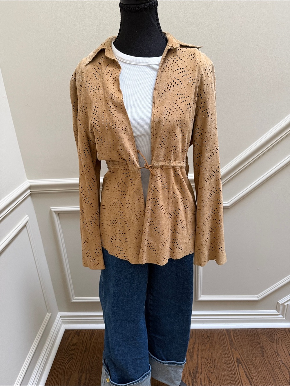 vintage Neto laser-cut perforated suede shirt jacket in a camel/beige tone.